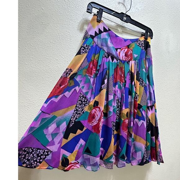 VTG Rickie Freeman For Terijon Skirt 4 100% Silk Lined Floral Retro Flowy Girly - Picture 2 of 10